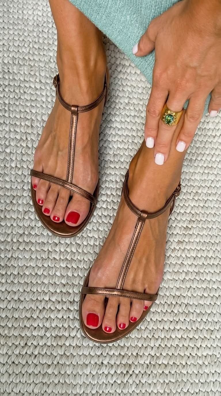 Metallic Summer Flat Sandals with T-Bar Strap
