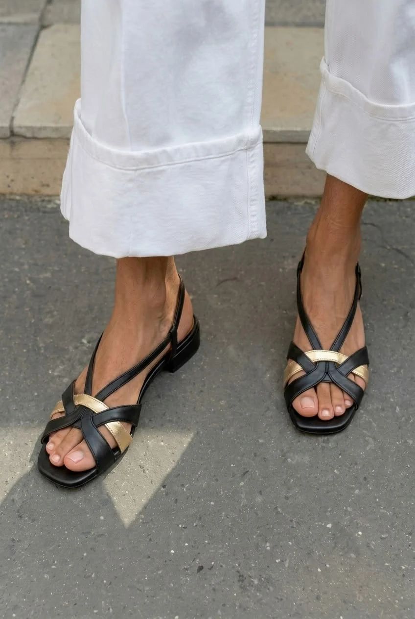 Square-Toe Slingback Sandals with Crossover Straps, Straps and Low Heel