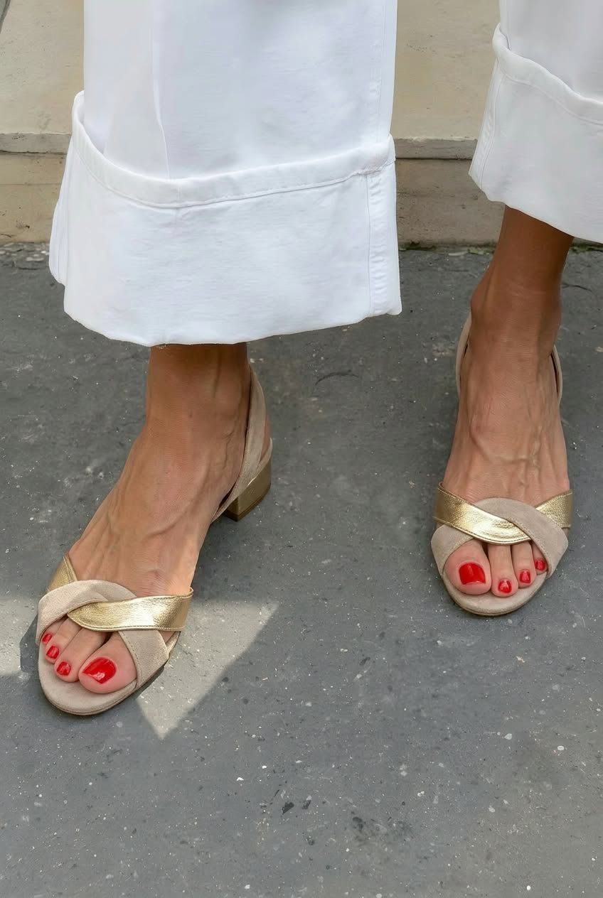 Golden Beige Low-Heel Sandals with Woven Straps and Peep Toe