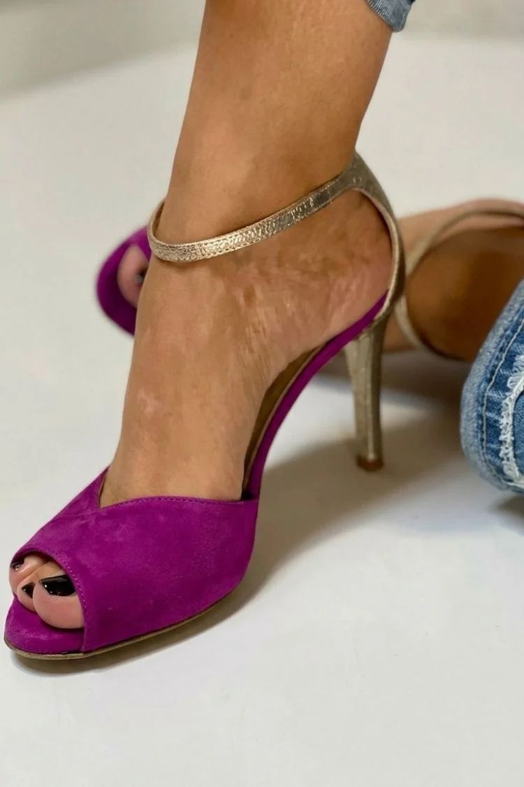 Glitter Open-Toe Stilettos with Ankle Strap and Buckle