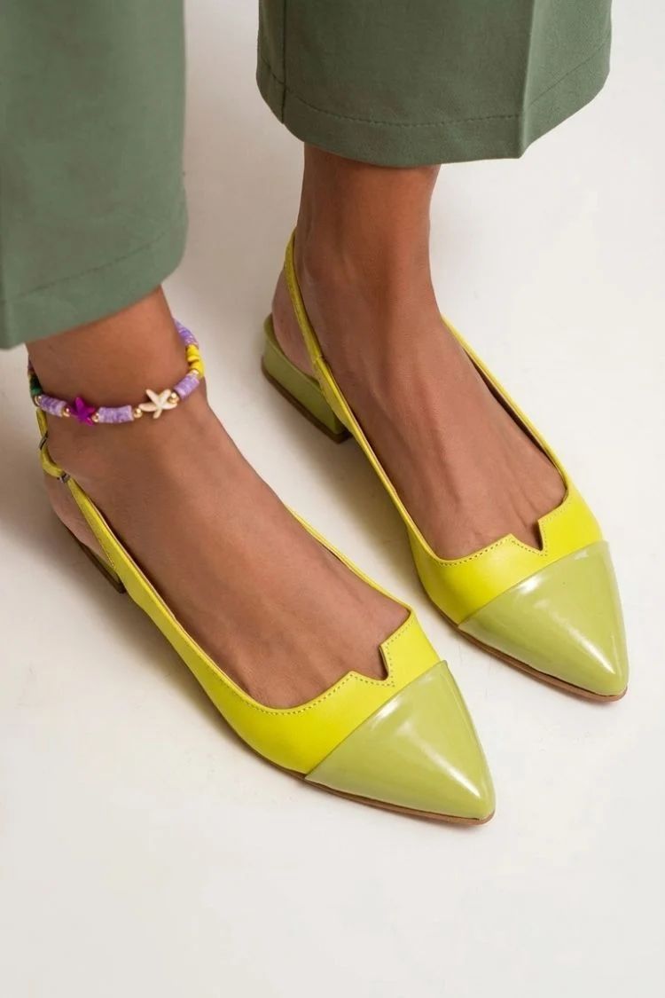 Colour-Block Pointed-Toe Slingback Flats with Buckle and Cut-Outs