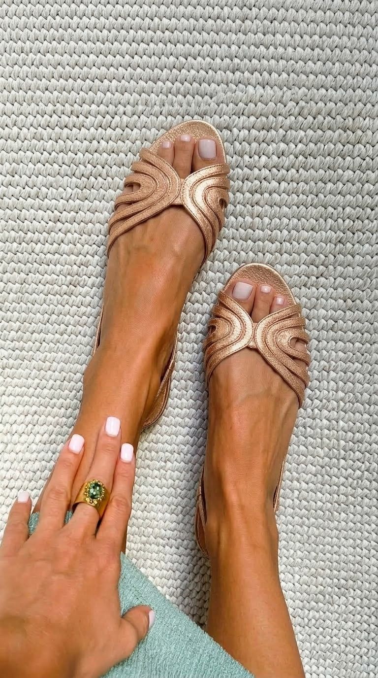 Metallic Rose Gold Open-Toe Flats with Straps