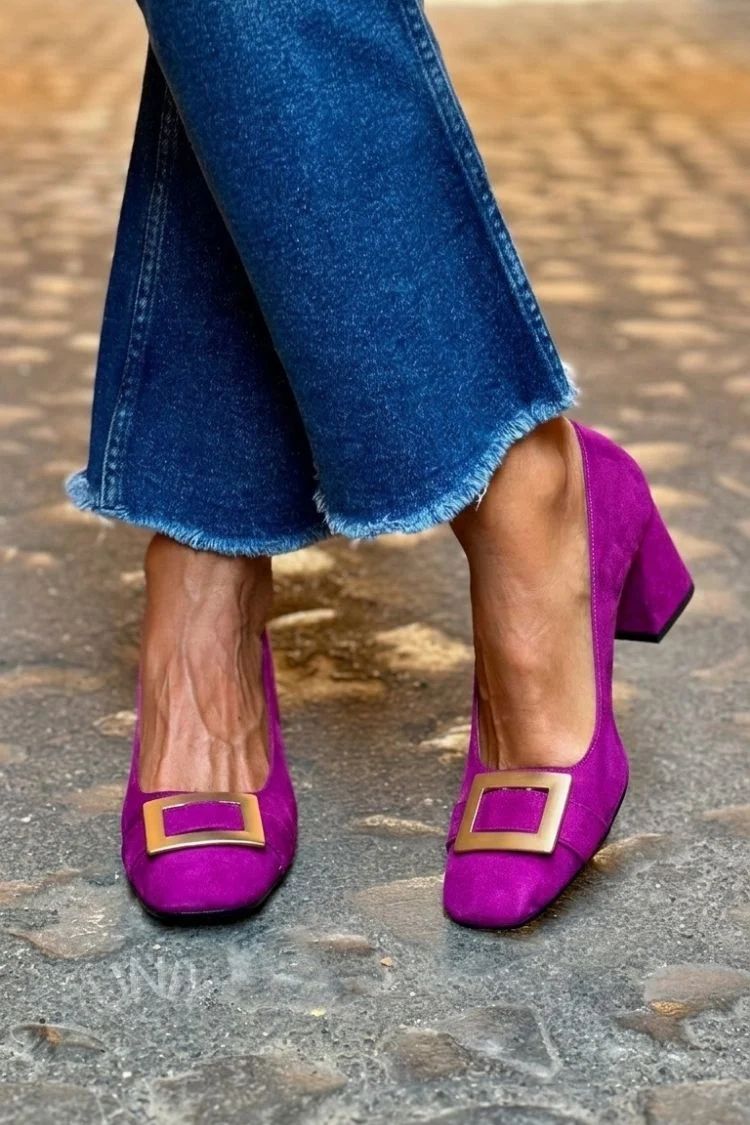 Navy Patchwork Square-Toe Block Heels
