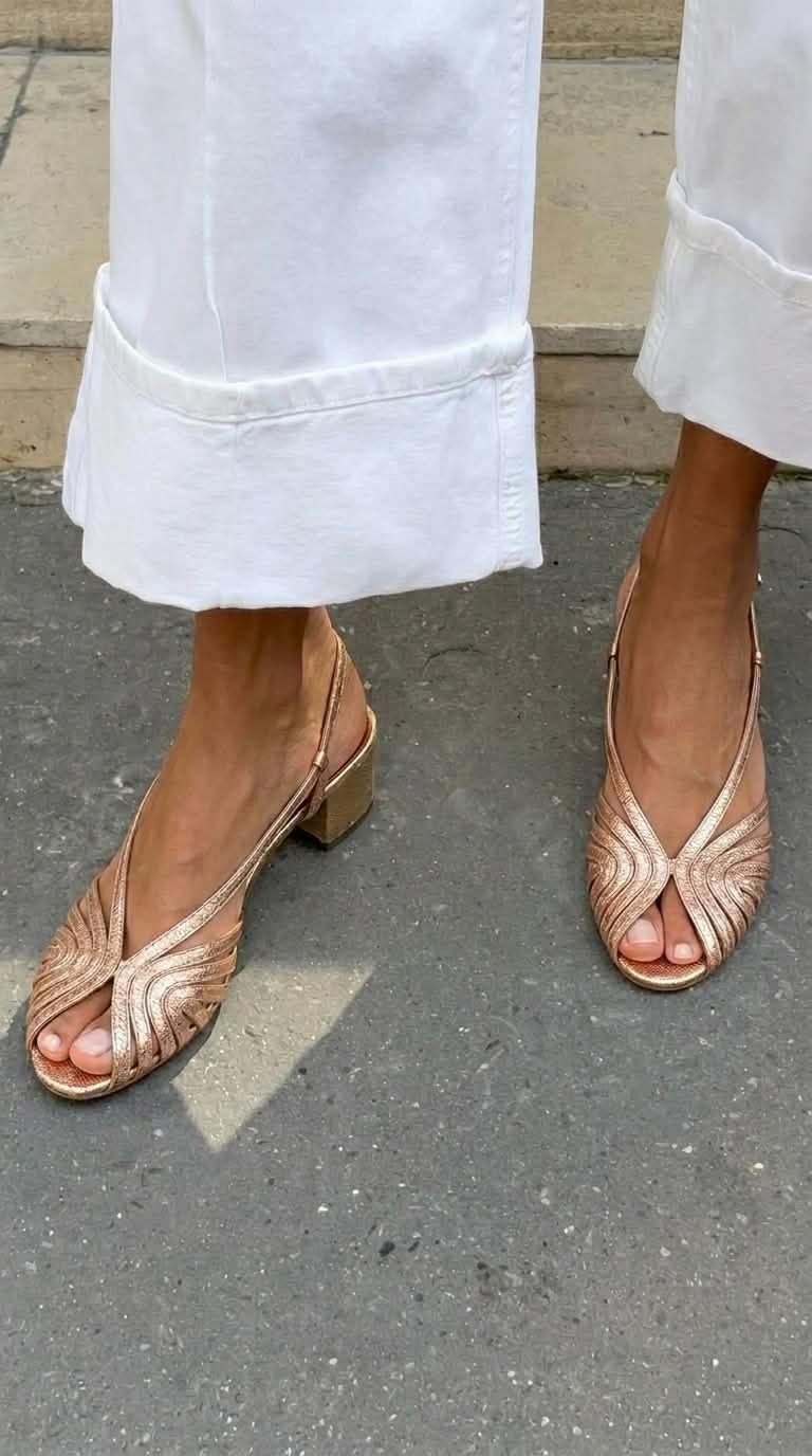 Metallic Rose Gold Woven Peep-Toe Slingback Block Heels