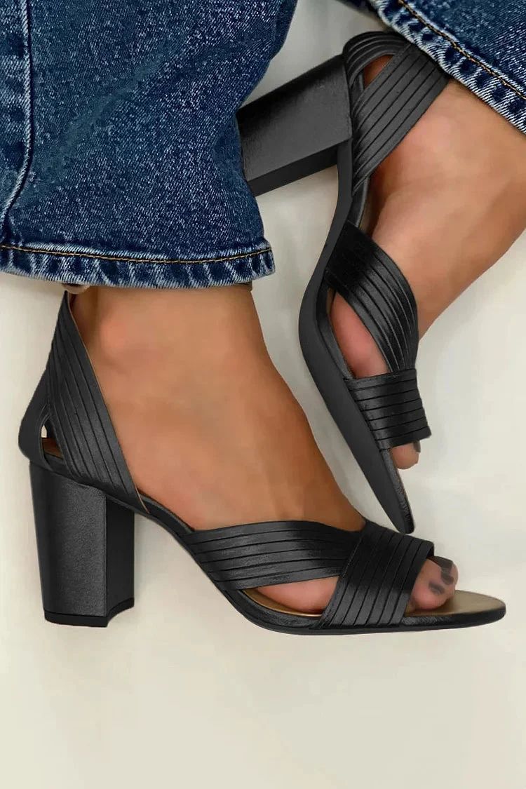 Black Block Heels with Textured Cut-Outs and Open Toe