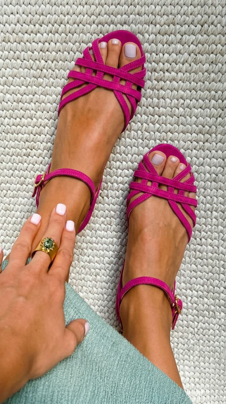 Tan Suede Flat Sandals with Ankle Buckle and Multiple Straps
