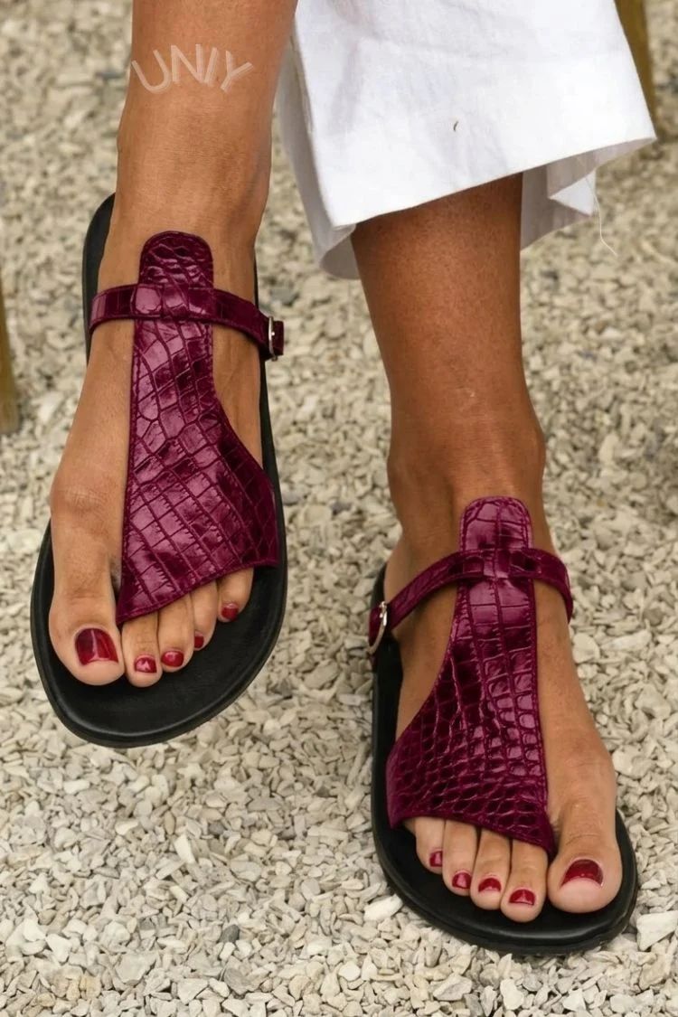 Crocodile-Effect Thong Sandals with Buckled Instep Strap