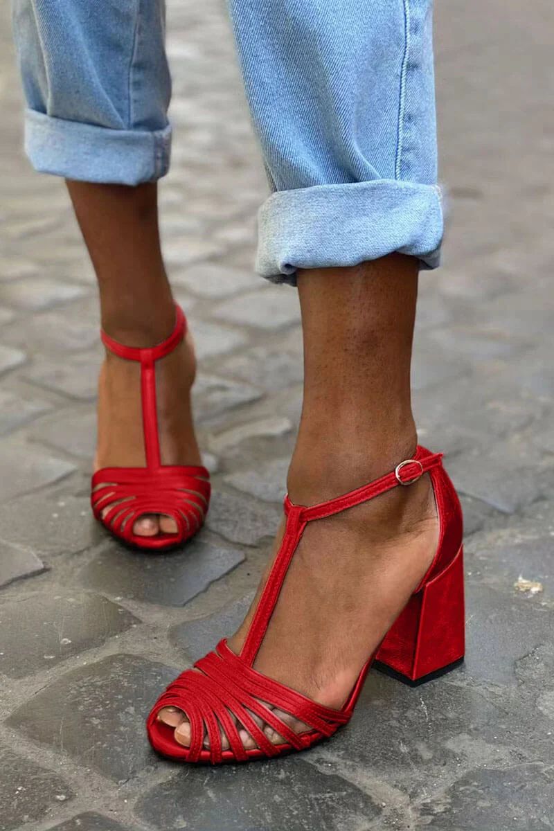 Peep-Toe Block Heels with Buckle, T-Bar Strap and Straps
