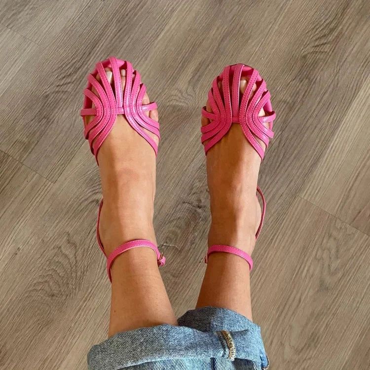 Solid-Colour Round-Toe Cut-Out Flats with Ankle Strap