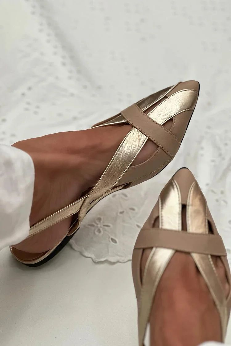 Gold Pointed-Toe Cut-Out Slingback Flats