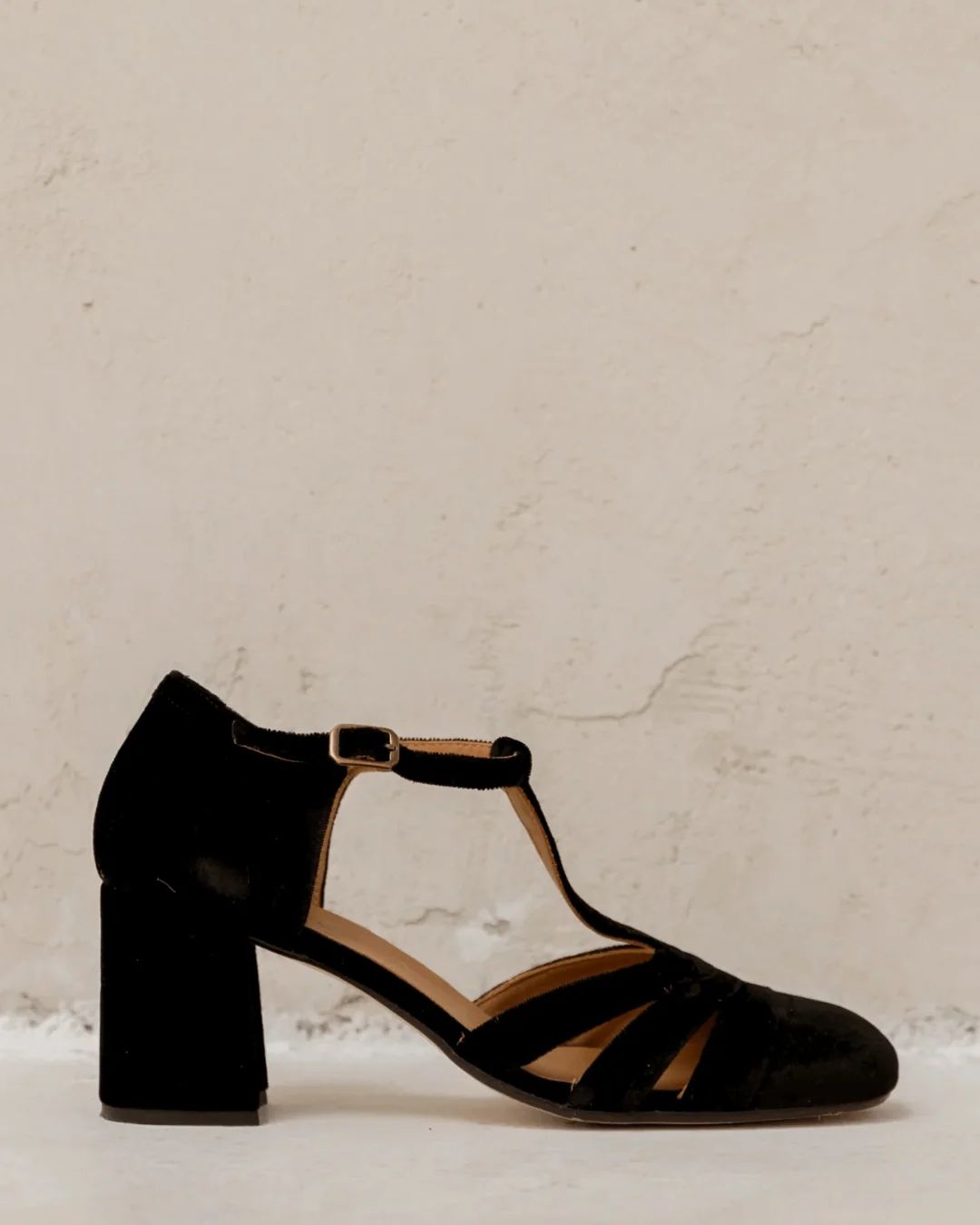 Velvet Cut-Out Block Heels with Buckle and T-Bar Strap