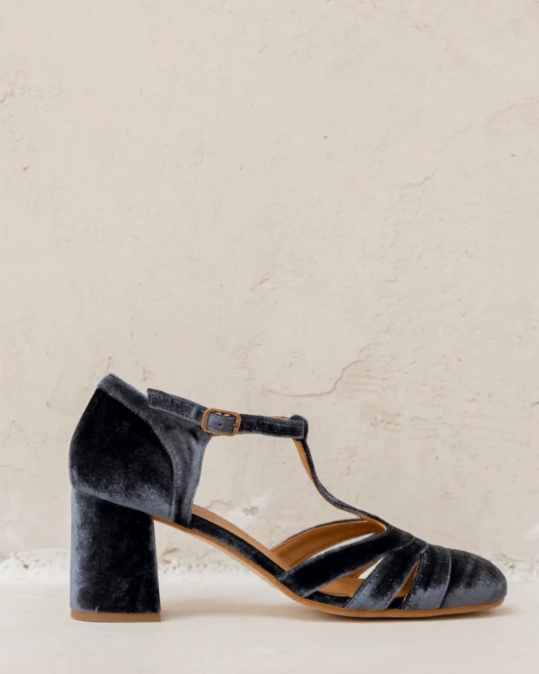 Velvet Cut-Out Block Heels with Buckle and T-Bar Strap