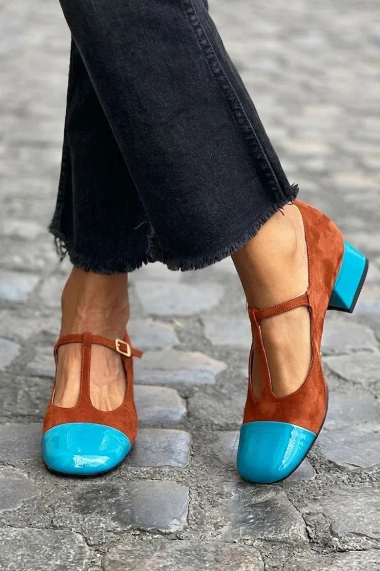 Purple Colour-Block Round-Toe Block Heels with Buckle and T-Bar Strap