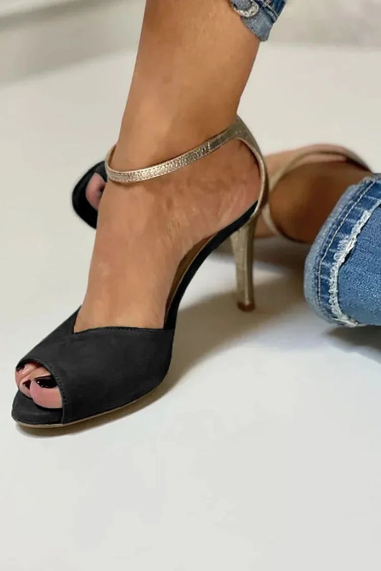 Black Stiletto Court Shoes with Ankle Strap and Colour-Block Buckle