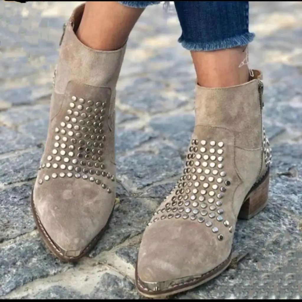 Suede Pointed-Toe Chunky-Heel Boots with Studs