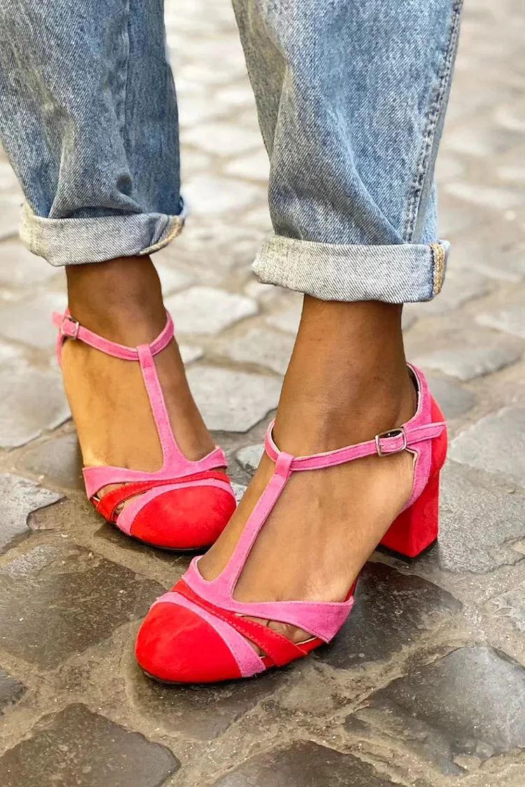 Fuchsia Colour-Block Cut-Out Block Heels with Buckle and T-Bar Strap