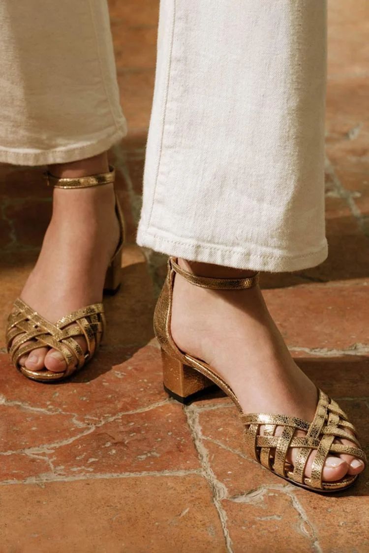 Gold Woven Peep-Toe Block Heels with Ankle Strap and Buckle