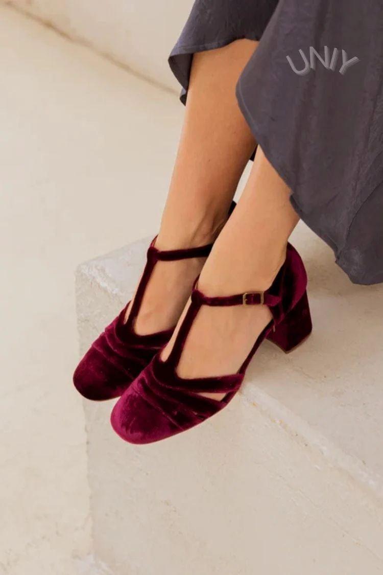 Velvet Cut-Out Block Heels with Buckle and T-Bar Strap