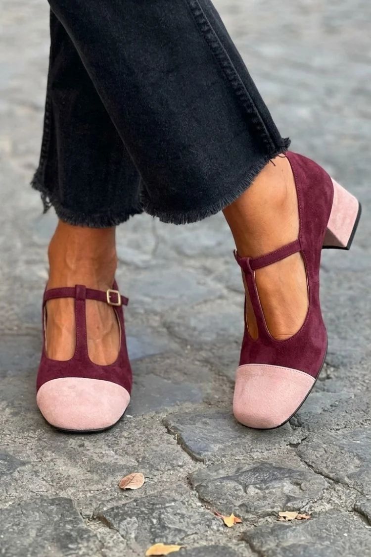Red Patchwork Round-Toe Block Heels with Buckle and T-Bar Strap