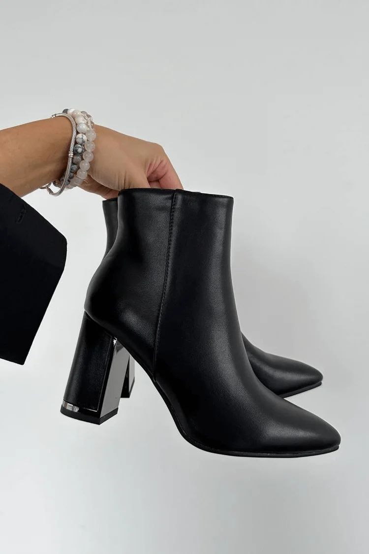 Elegant Black Faux Leather Ankle Boots with Low Heel and Pointed Toe