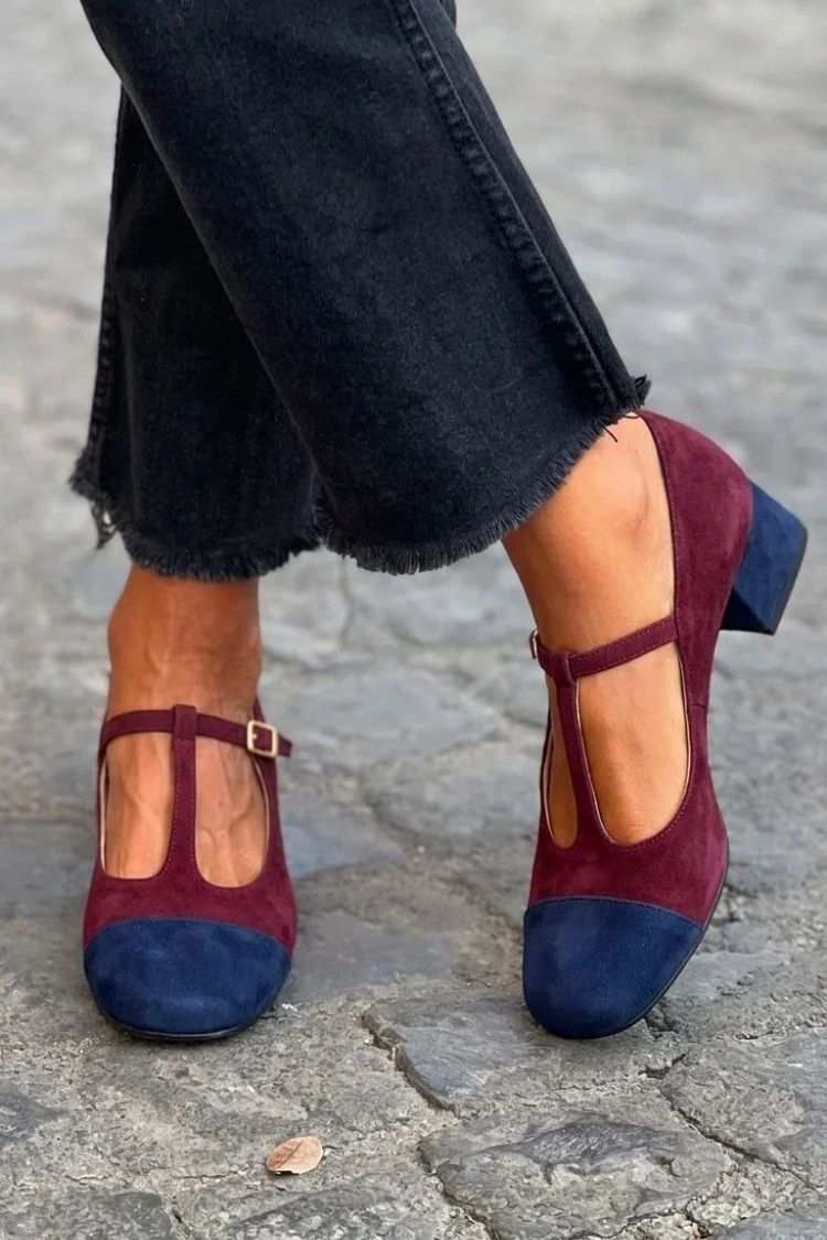 Red Patchwork Round-Toe Block Heels with Buckle and T-Bar Strap