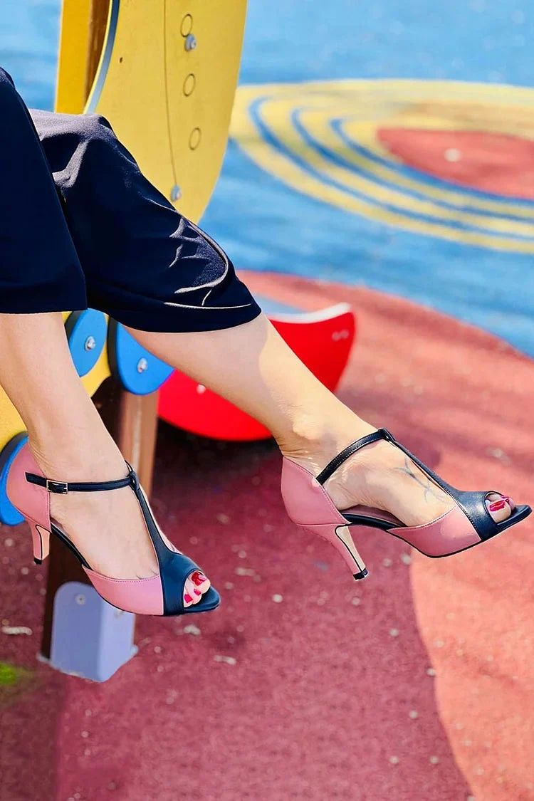 Pink Colour-Block Stiletto Court Shoes with Open Toe and T-Bar Strap
