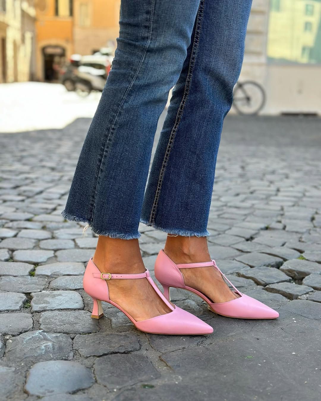 Pink Pointed-Toe Mary Jane Heels with T-Bar Strap