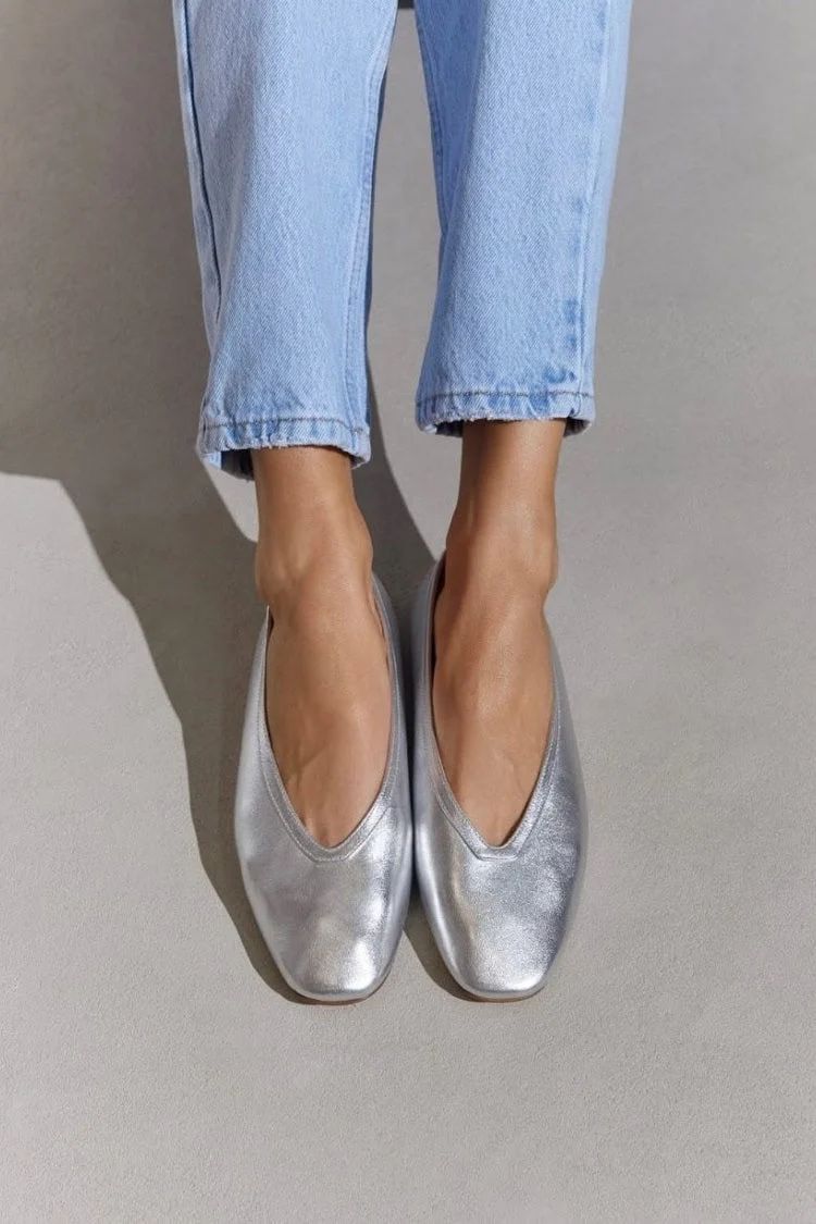 Metallic Silver Square-Toe Flats with V-Cut