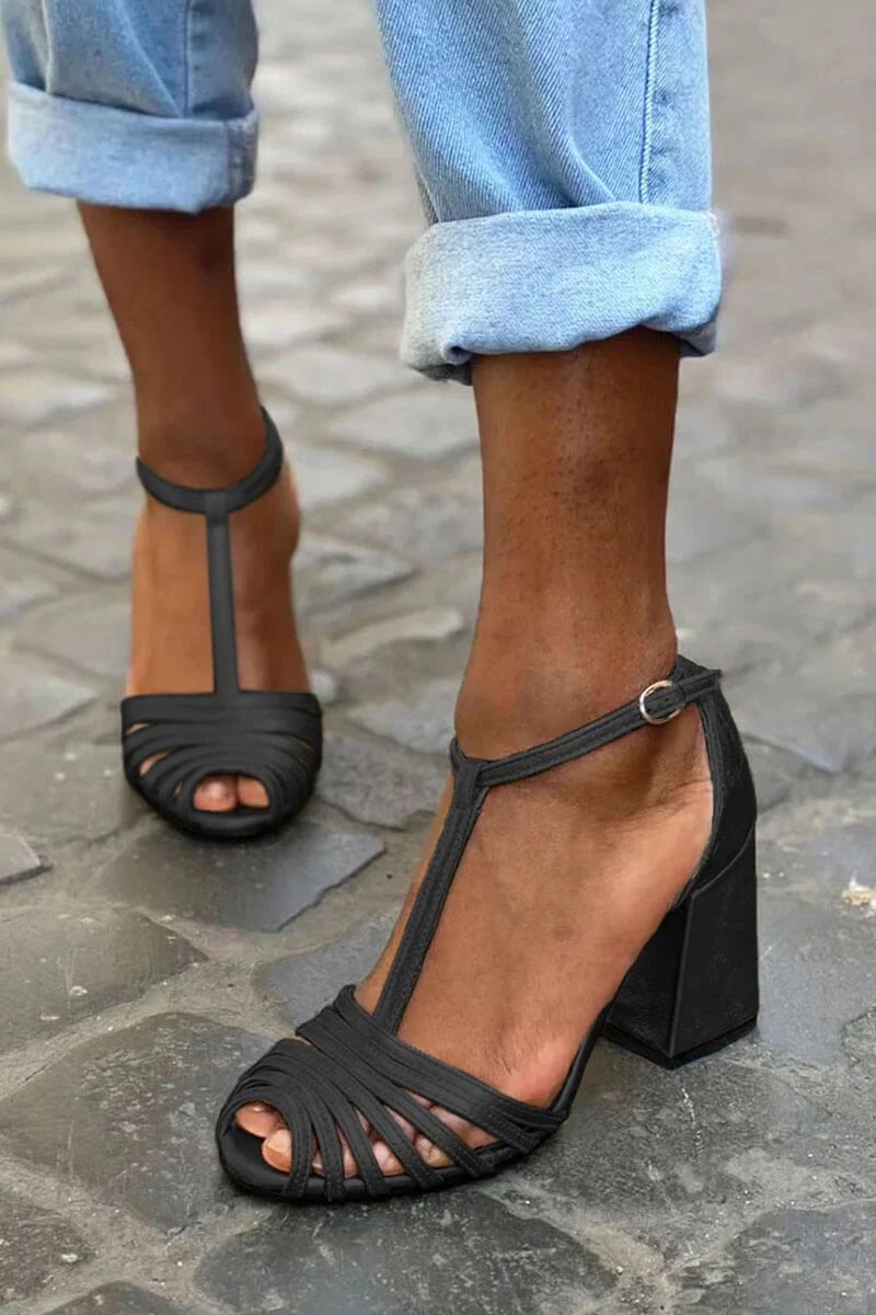 Peep-Toe Block Heels with Buckle, T-Bar Strap and Straps