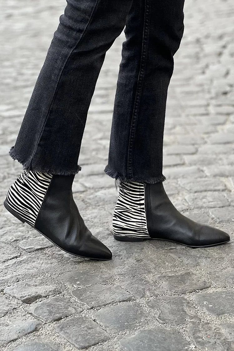Casual Black Zebra-Print Pointed-Toe Ankle Boots