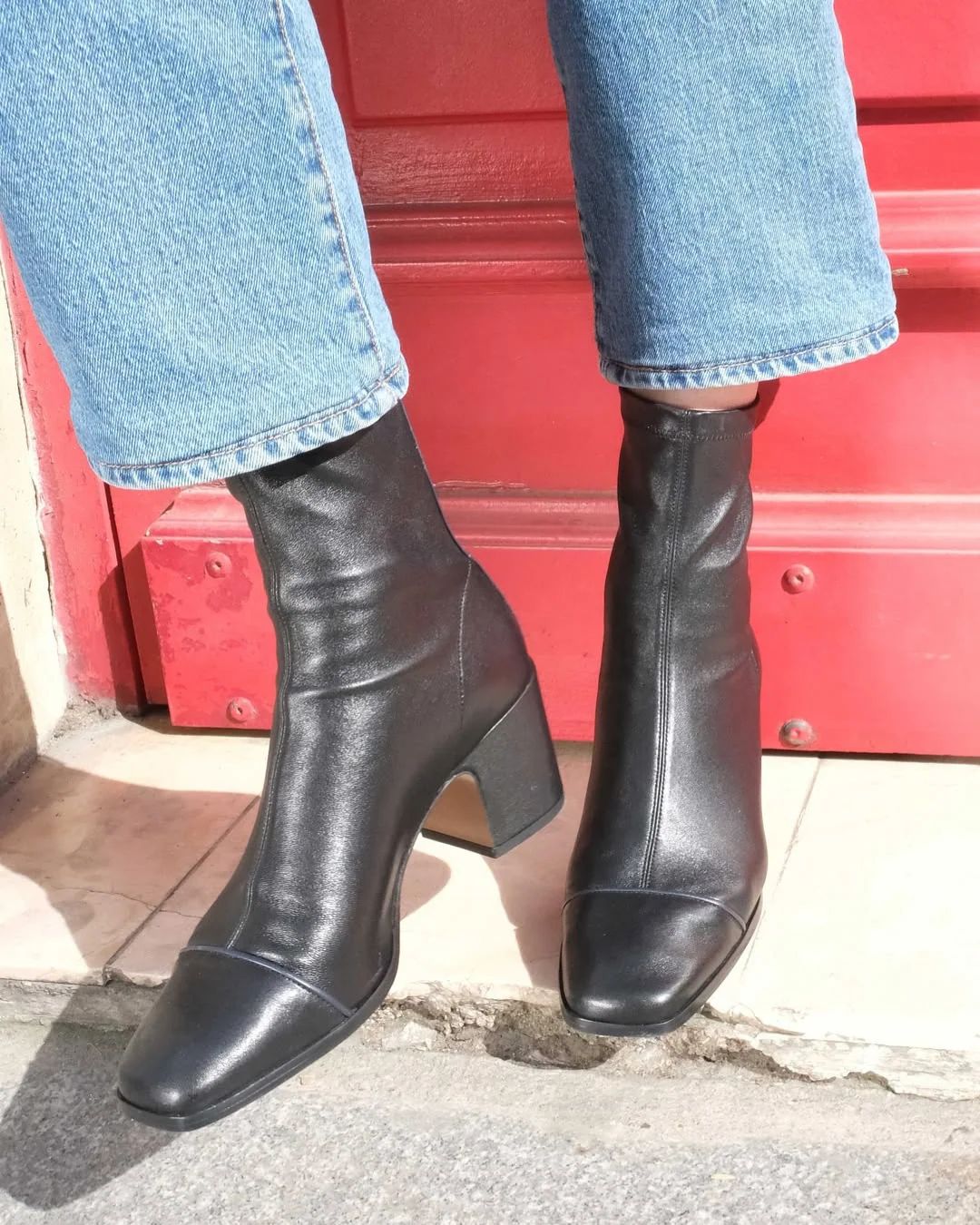 Black Colour-Block Square-Toe Ankle Boots with Zip and Low Block Heel