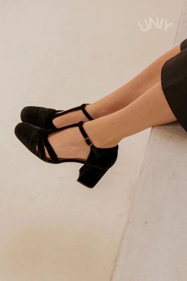 Velvet Cut-Out Block Heels with Buckle and T-Bar Strap