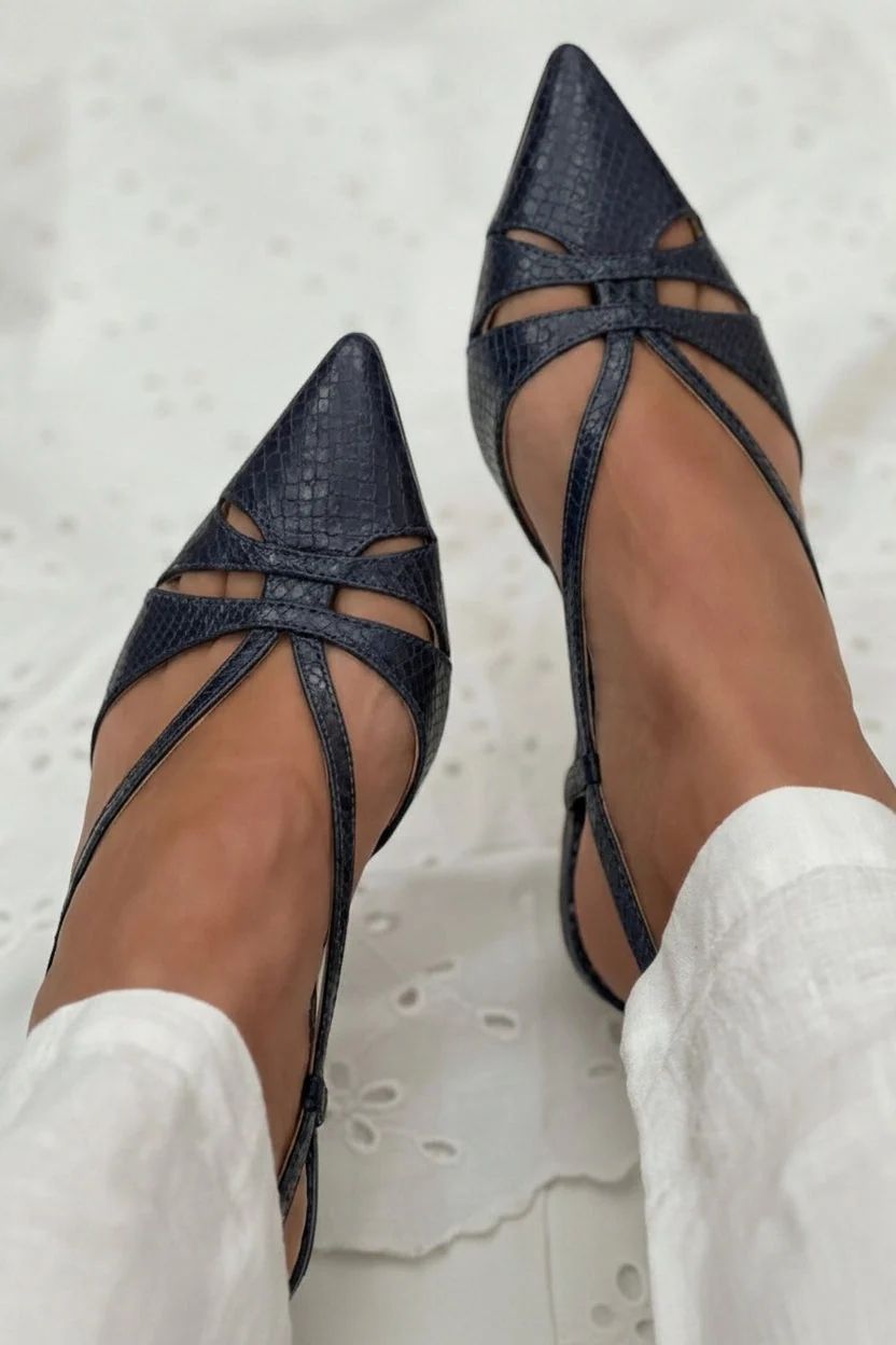 Elegant Black Pointed-Toe Strappy Slingback Kitten Heels