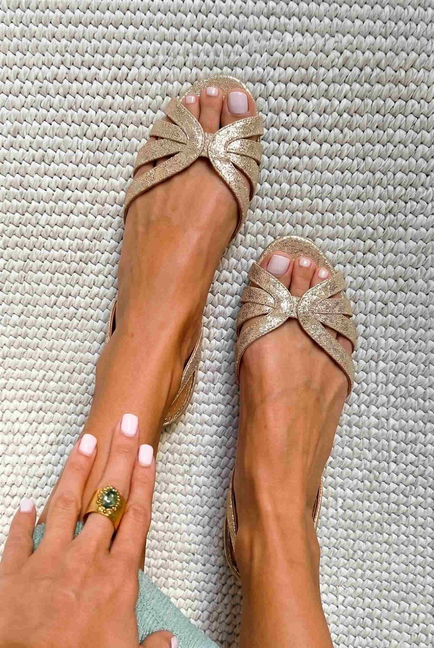 Metallic Gold Strappy Flat Open-Toe Slingback Sandals