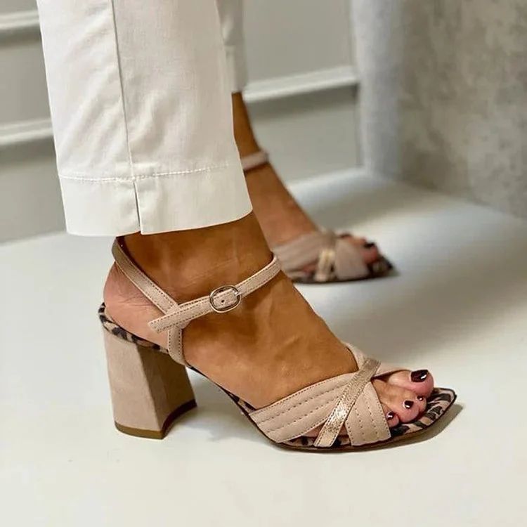 Khaki Leopard-Print Patchwork Peep-Toe Block Heels