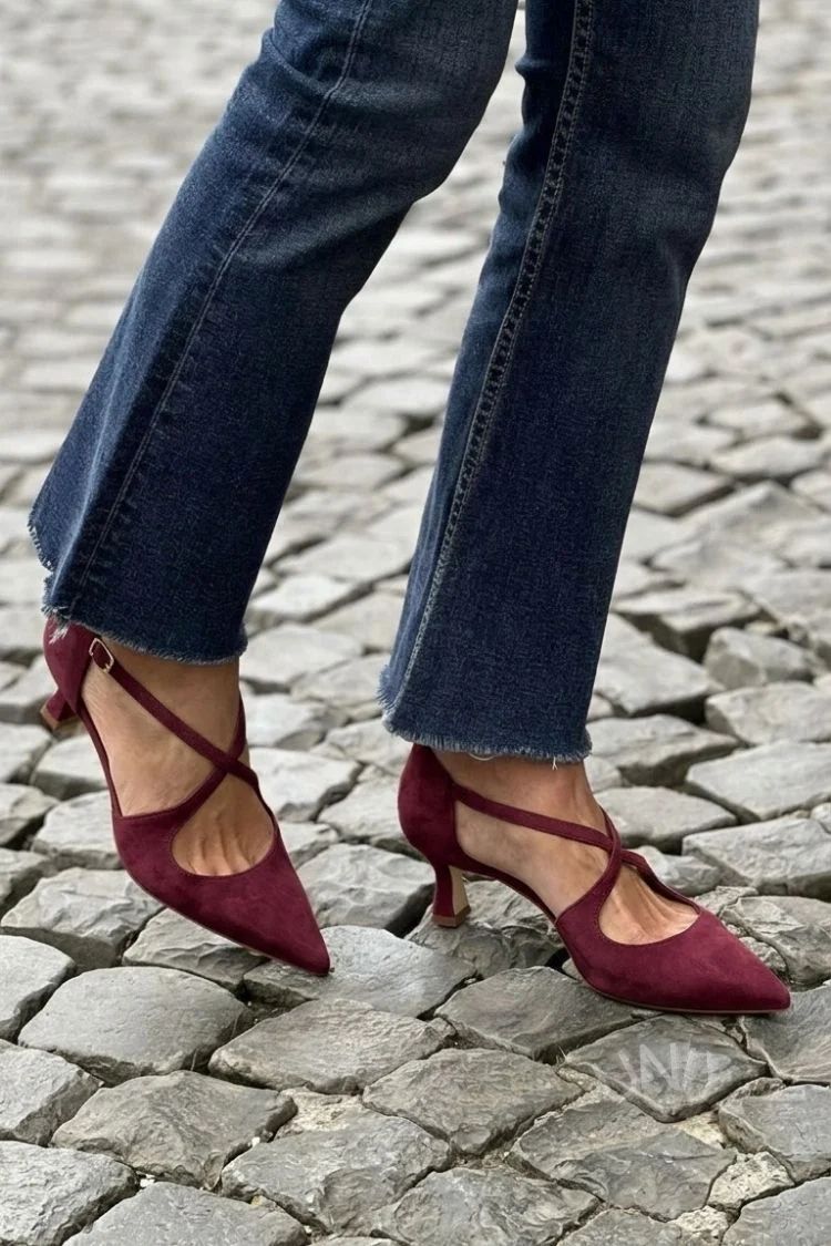 Khaki Solid-Colour Pointed-Toe Low Heels with Buckle and Crossover Straps