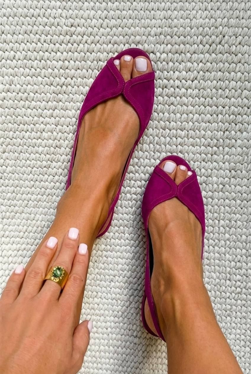Chic Fuchsia Suede Open-Toe Slingback Flats