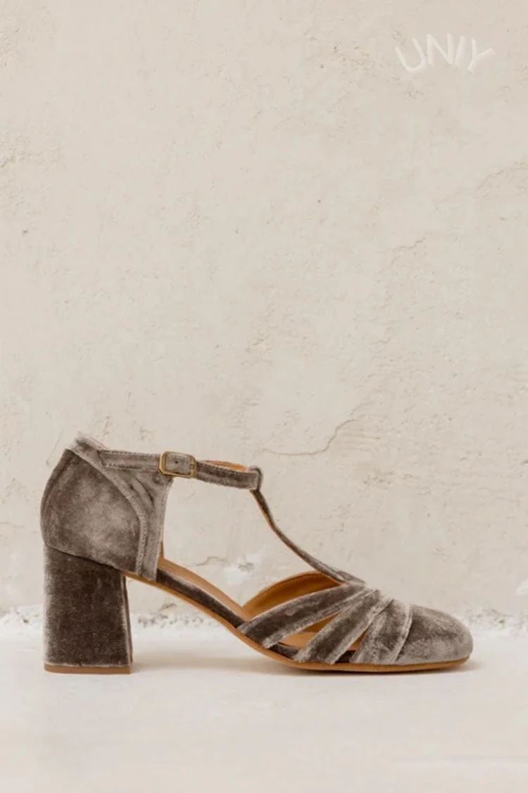 Velvet Cut-Out Block Heels with Buckle and T-Bar Strap