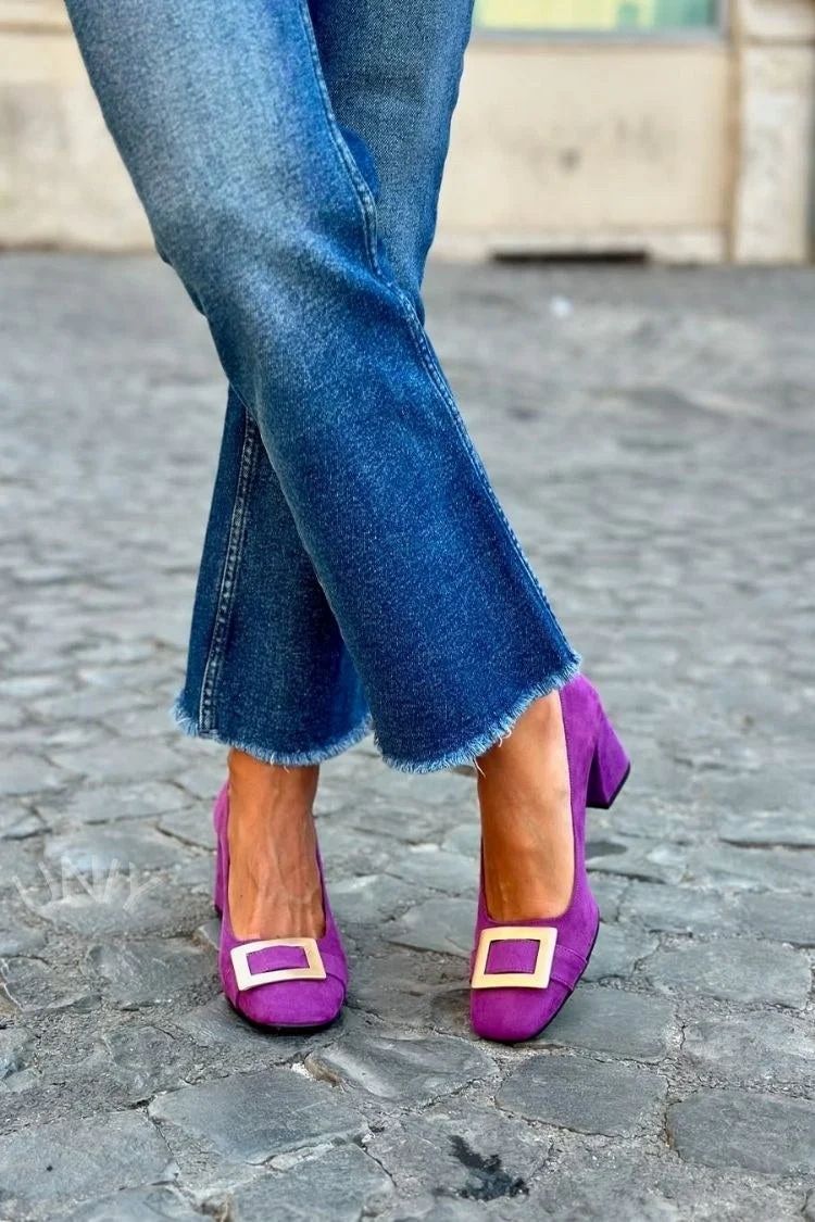 Navy Patchwork Square-Toe Block Heels