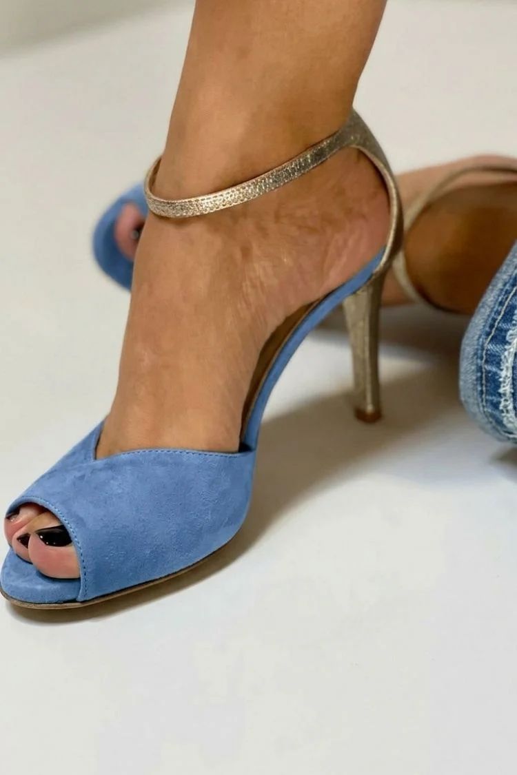 Glitter Open-Toe Stilettos with Ankle Strap and Buckle