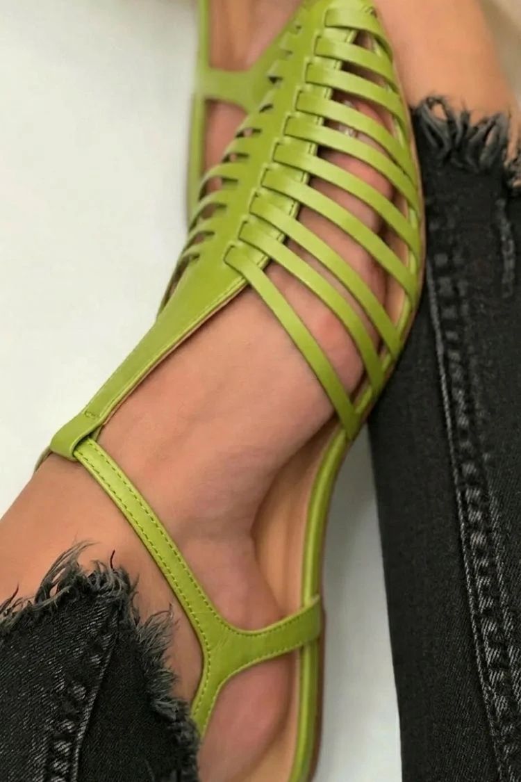 Simple Casual Black Pointed-Toe Cut-Out Sandals with T-Bar Strap