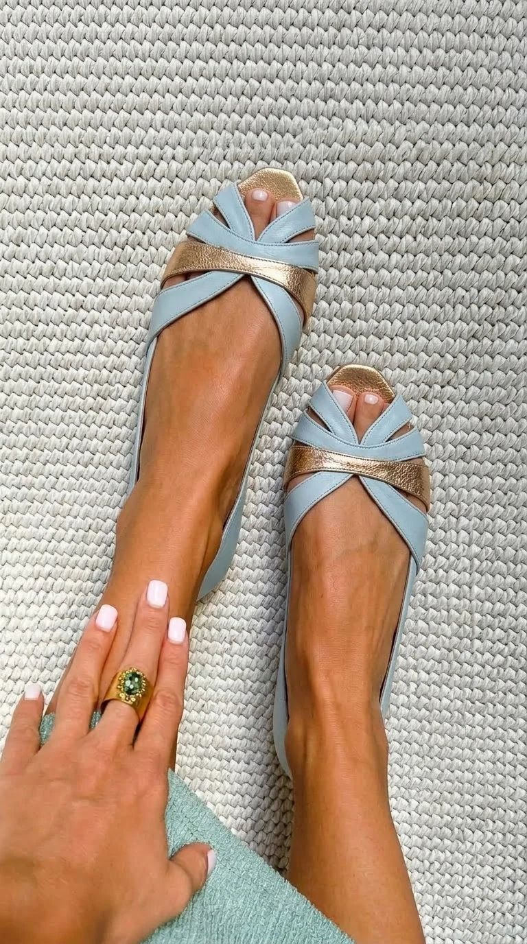 Blue and Gold Metallic Interlocking Peep-Toe Flats