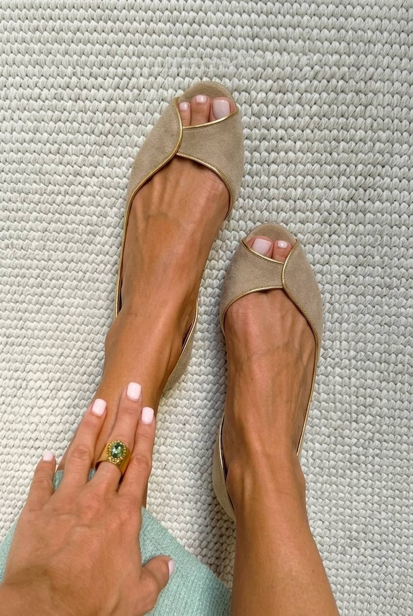 Beige and Gold Suede Open-Toe D'Orsay Flats
