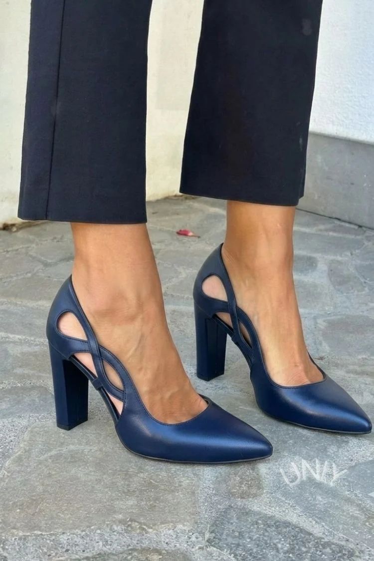Faux Leather Pointed-Toe Cut-Out Court Shoes with Block Heel
