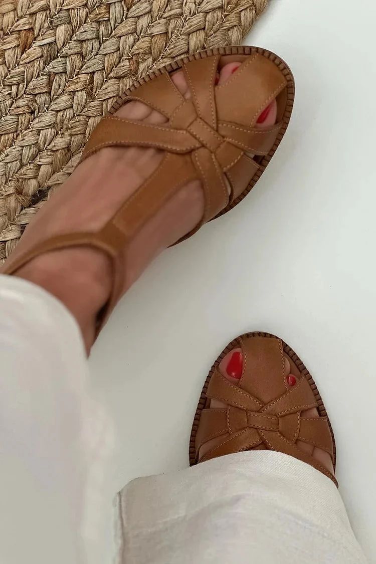 Brown Woven Cut-Out Block Heels with Buckle and T-Bar Strap