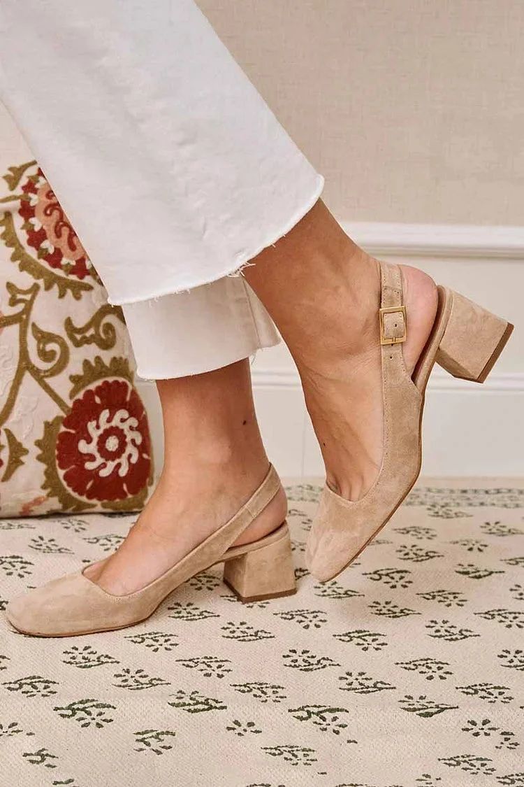 Simple Khaki Square-Toe Chunky Slingback Heels with Buckle