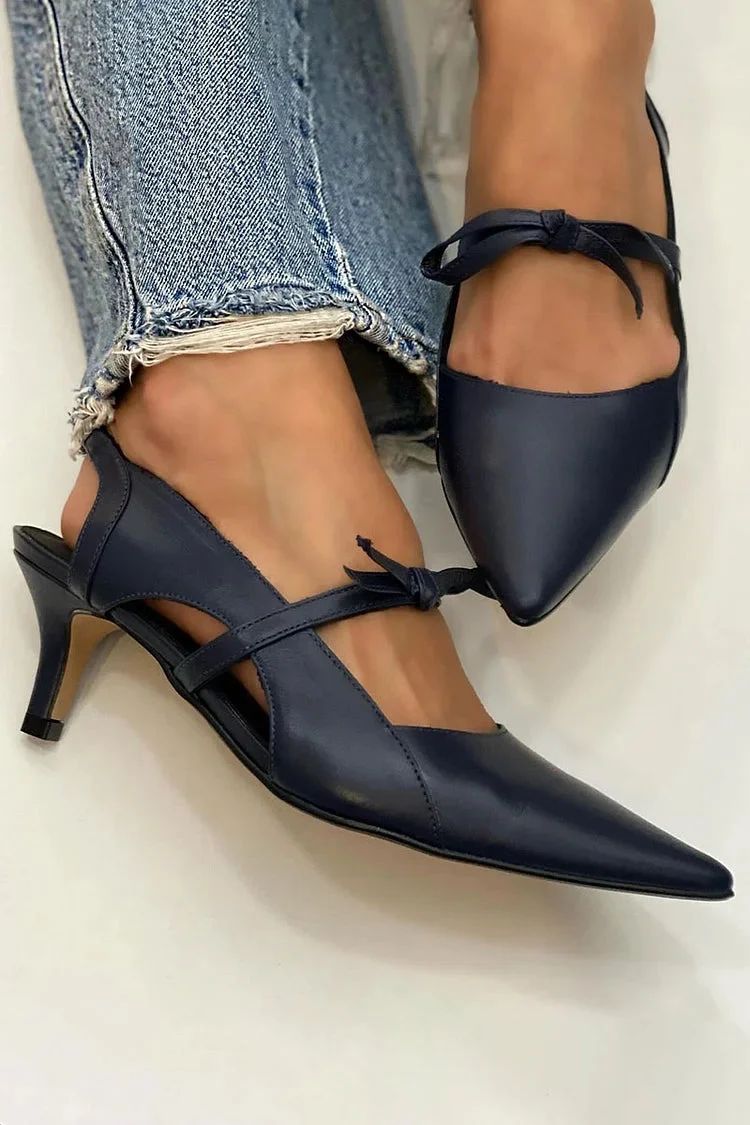 Black Low Heels with Pointed Toe, Cut-Outs and Knotted Patchwork Design