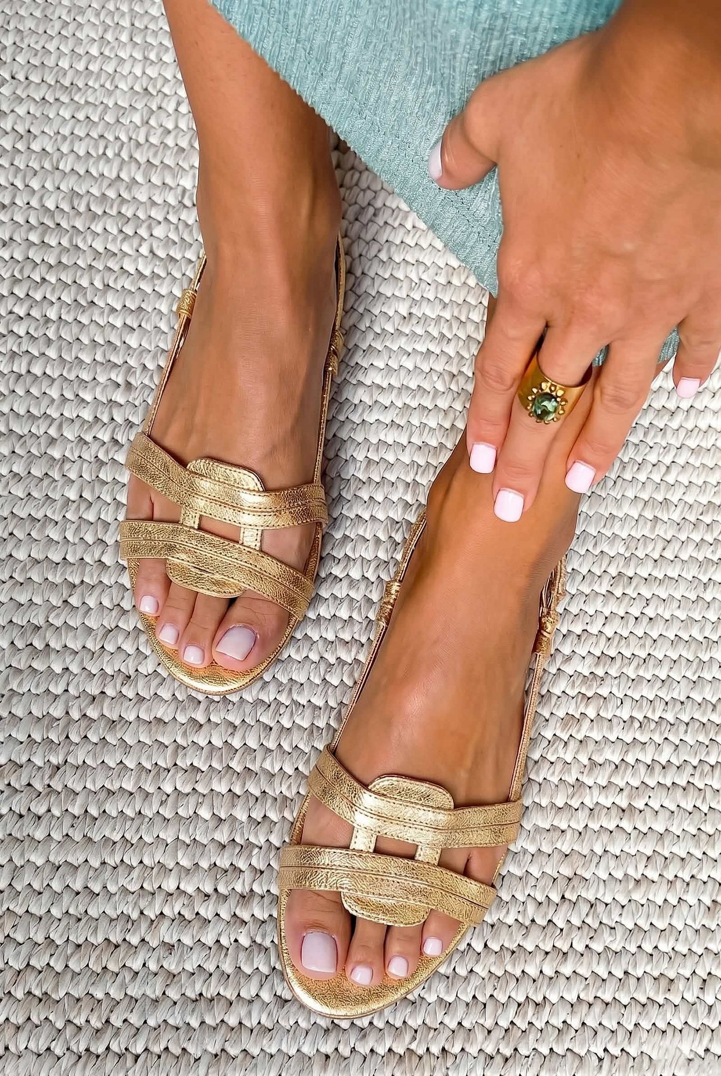 Metallic Gold Slingback Sandals with Woven Design and Low Heel