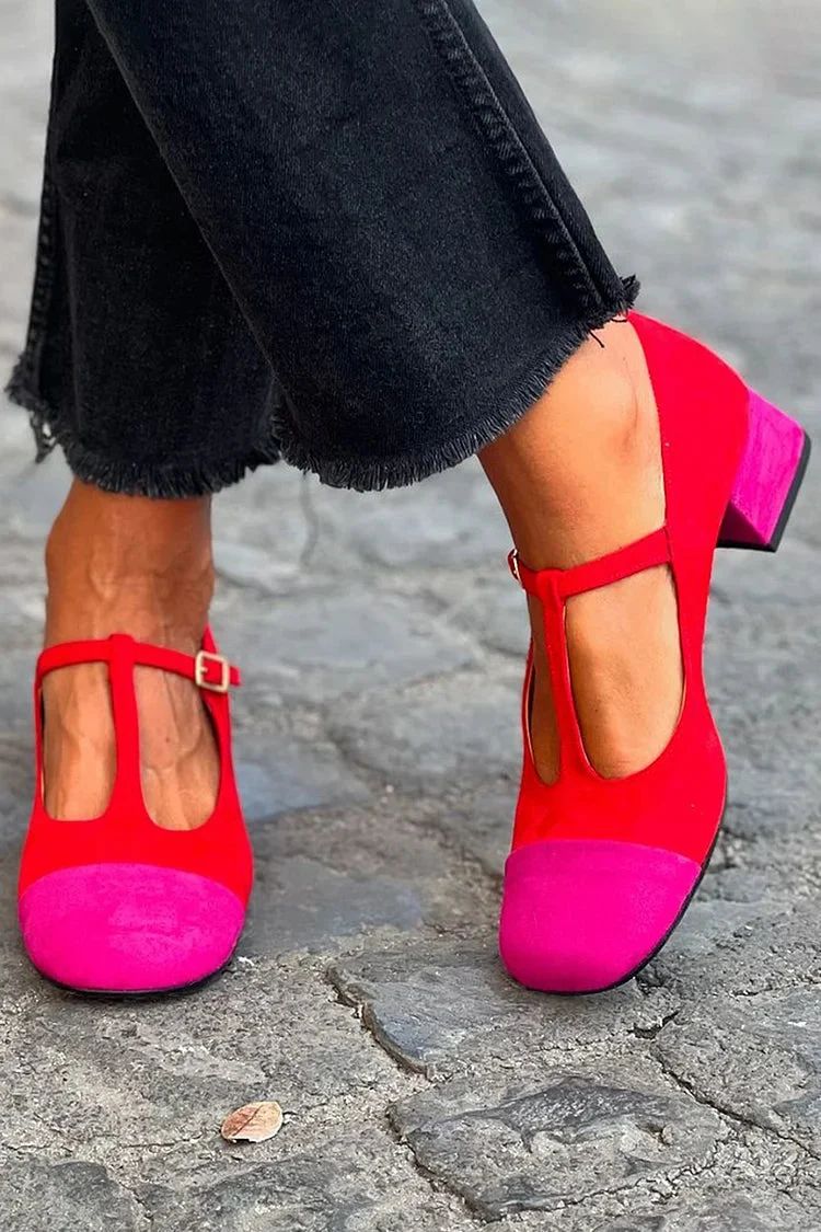 Red Patchwork Round-Toe Block Heels with Buckle and T-Bar Strap