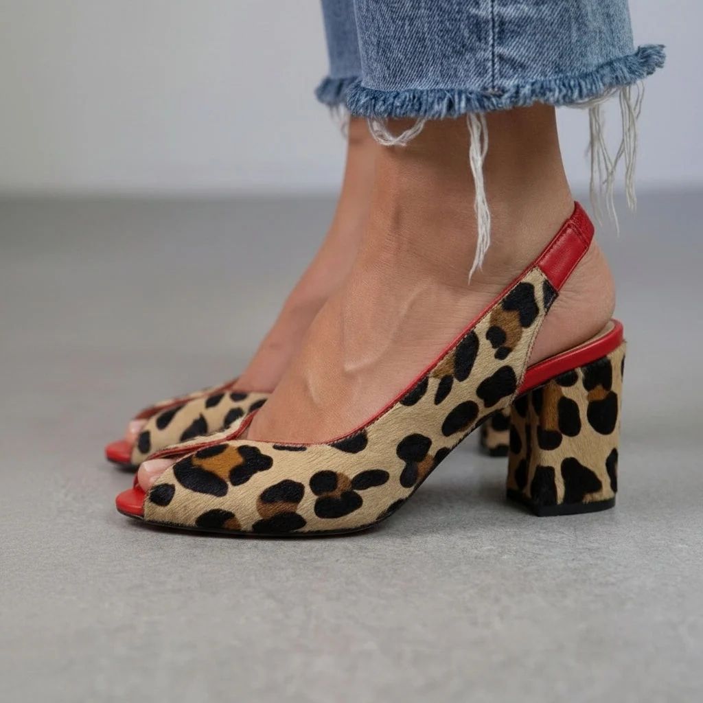 Red Leopard-Print Peep-Toe Slingback Block Heels